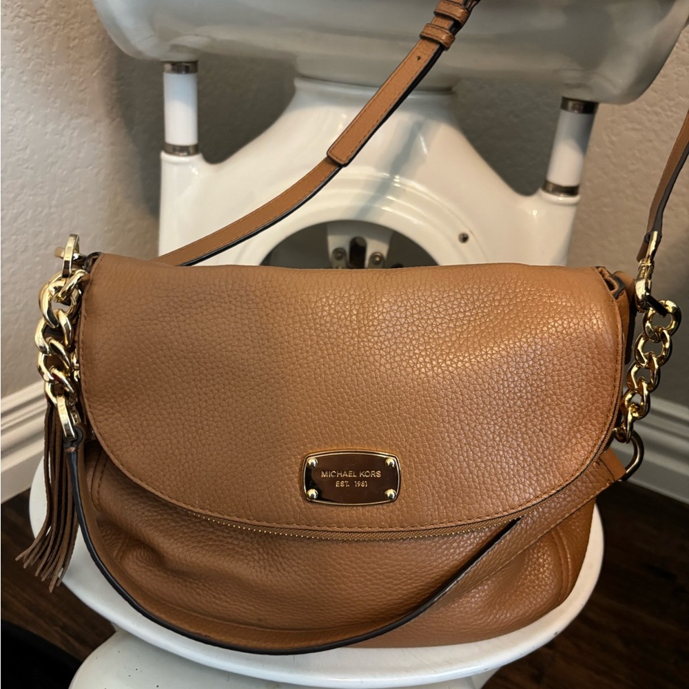 Michael Kors Brown Pebbled Leather Shoulder Bag with Gold Chain